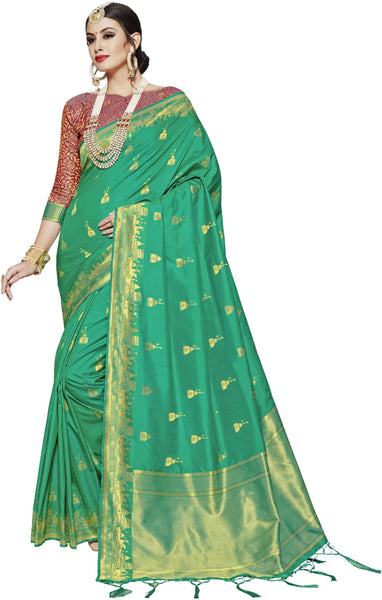 SMSAREE Green Designer Wedding Partywear Banarasi Art Silk Hand Embroidery Work Bridal Saree Sari With Blouse Piece YNF-28832