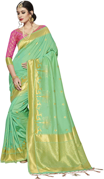 SMSAREE Green Designer Wedding Partywear Banarasi Art Silk Hand Embroidery Work Bridal Saree Sari With Blouse Piece YNF-28836
