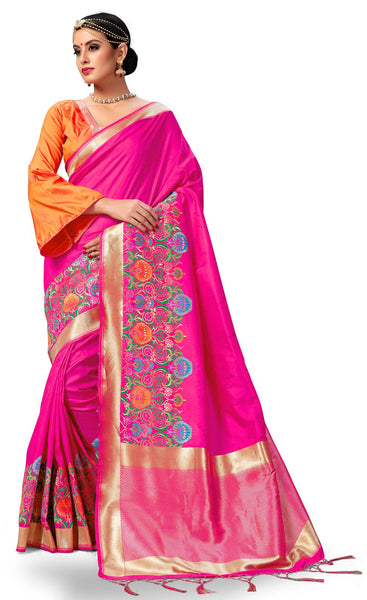 SMSAREE Pink Designer Wedding Partywear Banarasi Art Silk Hand Embroidery Work Bridal Saree Sari With Blouse Piece YNF-28869