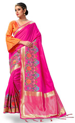SMSAREE Pink Designer Wedding Partywear Banarasi Art Silk Hand Embroidery Work Bridal Saree Sari With Blouse Piece YNF-28869