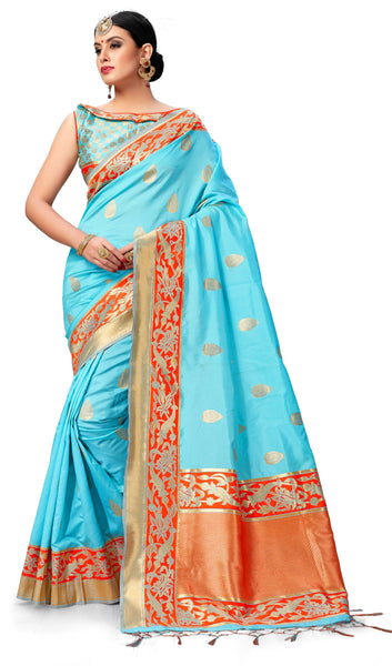 SMSAREE Turquoise Blue Designer Wedding Partywear Banarasi Art Silk Hand Embroidery Work Bridal Saree Sari With Blouse Piece YNF-28872