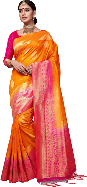 SMSAREE Orange Designer Wedding Partywear Banarasi Art Silk Hand Embroidery Work Bridal Saree Sari With Blouse Piece YNF-28902