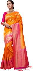SMSAREE Orange Designer Wedding Partywear Banarasi Art Silk Hand Embroidery Work Bridal Saree Sari With Blouse Piece YNF-28902