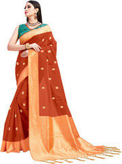 SMSAREE Rust Designer Wedding Partywear Linen Art Silk Hand Embroidery Work Bridal Saree Sari With Blouse Piece YNF-28939