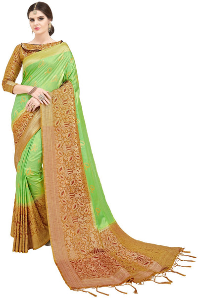 SMSAREE Green Designer Wedding Partywear Banarasi Art Silk Hand Embroidery Work Bridal Saree Sari With Blouse Piece YNF-29129