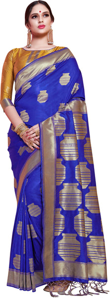 SMSAREE Blue Designer Wedding Partywear Banarasi Art Silk Hand Embroidery Work Bridal Saree Sari With Blouse Piece YNF-29140