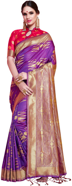 SMSAREE Purple Designer Wedding Partywear Banarasi Art Silk Hand Embroidery Work Bridal Saree Sari With Blouse Piece YNF-29144