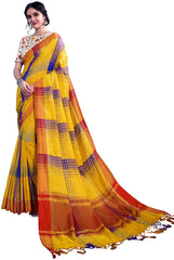 SMSAREE Yellow Designer Wedding Partywear Linen Art Silk Hand Embroidery Work Bridal Saree Sari With Blouse Piece YNF-29170