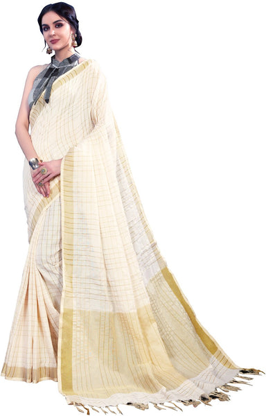 SMSAREE Cream Designer Wedding Partywear Linen Art Silk Hand Embroidery Work Bridal Saree Sari With Blouse Piece YNF-29173