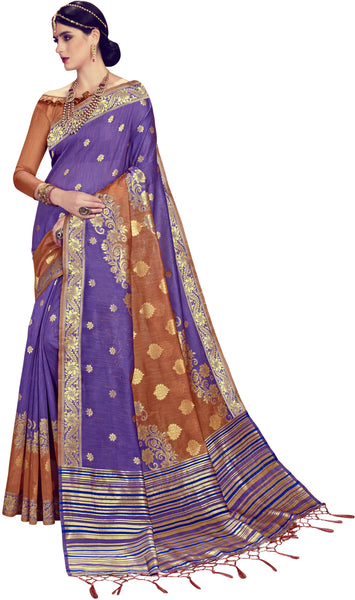 SMSAREE Purple Designer Wedding Partywear Linen Art Silk Hand Embroidery Work Bridal Saree Sari With Blouse Piece YNF-29198