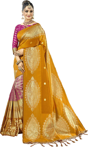 SMSAREE Mustard Designer Wedding Partywear Banarasi Art Silk Hand Embroidery Work Bridal Saree Sari With Blouse Piece YNF-29209