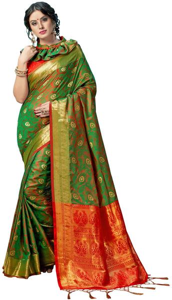 SMSAREE Green Designer Wedding Partywear Kanjeevaram Art Silk Hand Embroidery Work Bridal Saree Sari With Blouse Piece YNF-29223