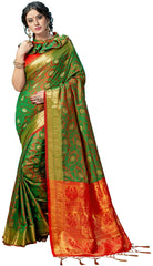 SMSAREE Green Designer Wedding Partywear Kanjeevaram Art Silk Hand Embroidery Work Bridal Saree Sari With Blouse Piece YNF-29223
