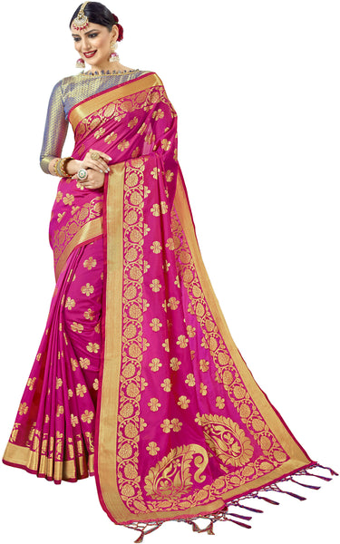SMSAREE Pink Designer Wedding Partywear Banarasi Art Silk Hand Embroidery Work Bridal Saree Sari With Blouse Piece YNF-29239