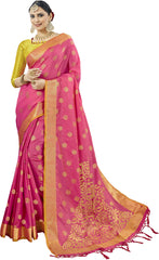 SMSAREE Rose Designer Wedding Partywear Banarasi Art Silk Hand Embroidery Work Bridal Saree Sari With Blouse Piece YNF-29240