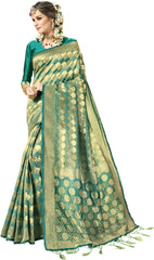 SMSAREE Sea Green Designer Wedding Partywear Kanjeevaram Art Silk Hand Embroidery Work Bridal Saree Sari With Blouse Piece YNF-29247