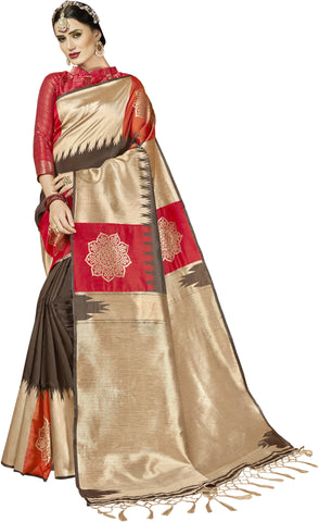 SMSAREE Coffee Brown Designer Wedding Partywear Kanjeevaram Art Silk Hand Embroidery Work Bridal Saree Sari With Blouse Piece YNF-29253