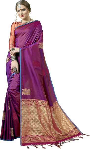 SMSAREE Purple Designer Wedding Partywear Kanjeevaram Art Silk Hand Embroidery Work Bridal Saree Sari With Blouse Piece YNF-29261