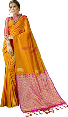 SMSAREE Mustard Designer Wedding Partywear Kanjeevaram Art Silk Hand Embroidery Work Bridal Saree Sari With Blouse Piece YNF-29265