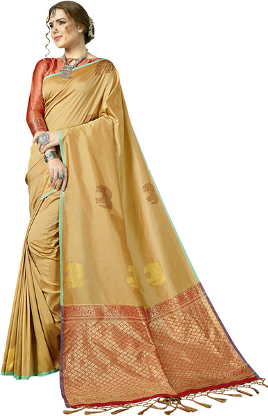 SMSAREE Peach Designer Wedding Partywear Kanjeevaram Art Silk Hand Embroidery Work Bridal Saree Sari With Blouse Piece YNF-29267