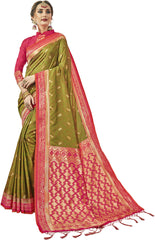 SMSAREE Olive Green Designer Wedding Partywear Kanjeevaram Art Silk Hand Embroidery Work Bridal Saree Sari With Blouse Piece YNF-29269