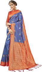 SMSAREE Blue Designer Wedding Partywear Kanjeevaram Art Silk Hand Embroidery Work Bridal Saree Sari With Blouse Piece YNF-29271