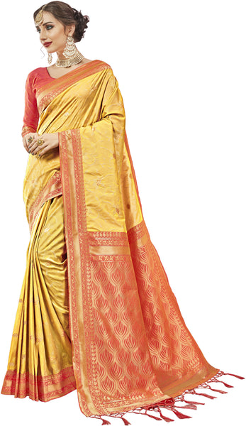 SMSAREE Yellow Designer Wedding Partywear Kanjeevaram Art Silk Hand Embroidery Work Bridal Saree Sari With Blouse Piece YNF-29272