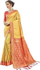 SMSAREE Yellow Designer Wedding Partywear Kanjeevaram Art Silk Hand Embroidery Work Bridal Saree Sari With Blouse Piece YNF-29272