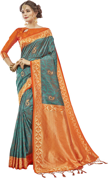 SMSAREE Teal Designer Wedding Partywear Kanjeevaram Art Silk Hand Embroidery Work Bridal Saree Sari With Blouse Piece YNF-29274