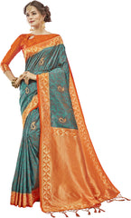 SMSAREE Teal Designer Wedding Partywear Kanjeevaram Art Silk Hand Embroidery Work Bridal Saree Sari With Blouse Piece YNF-29274