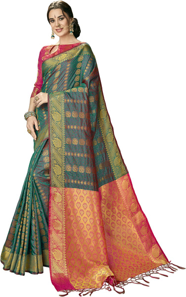 SMSAREE Pink Designer Wedding Partywear Kanjeevaram Art Silk Hand Embroidery Work Bridal Saree Sari With Blouse Piece YNF-29329