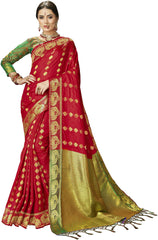 SMSAREE Red Designer Wedding Partywear Kanjeevaram Art Silk Hand Embroidery Work Bridal Saree Sari With Blouse Piece YNF-29330
