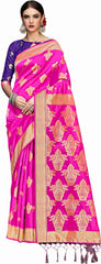 SMSAREE Pink Designer Wedding Partywear Banarasi Art Silk Hand Embroidery Work Bridal Saree Sari With Blouse Piece YNF-29350