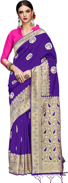 SMSAREE Purple Designer Wedding Partywear Banarasi Art Silk Hand Embroidery Work Bridal Saree Sari With Blouse Piece YNF-29351