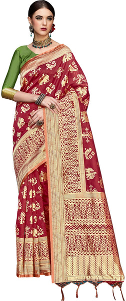 SMSAREE Red Designer Wedding Partywear Banarasi Art Silk Hand Embroidery Work Bridal Saree Sari With Blouse Piece YNF-29352