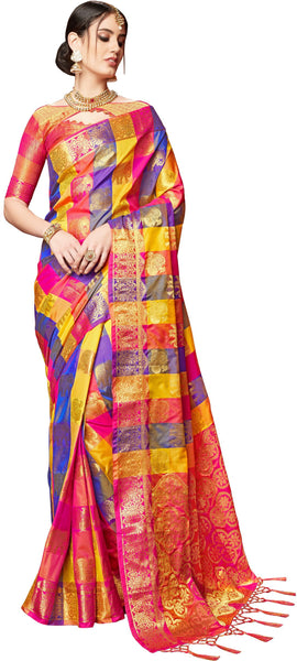 SMSAREE Multi Designer Wedding Partywear Uppada Art Silk Hand Embroidery Work Bridal Saree Sari With Blouse Piece YNF-29361