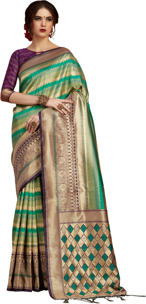 SMSAREE Green Designer Wedding Partywear Banarasi Art Silk Hand Embroidery Work Bridal Saree Sari With Blouse Piece YNF-29434