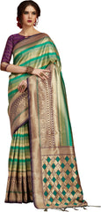 SMSAREE Green Designer Wedding Partywear Banarasi Art Silk Hand Embroidery Work Bridal Saree Sari With Blouse Piece YNF-29434