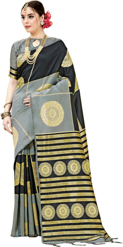 SMSAREE Black Designer Wedding Partywear Kanjeevaram Art Silk Hand Embroidery Work Bridal Saree Sari With Blouse Piece YNF-29444