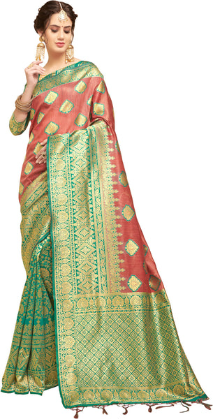 SMSAREE Green Designer Wedding Partywear Linen Art Silk Hand Embroidery Work Bridal Saree Sari With Blouse Piece YNF-29450
