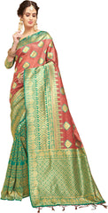 SMSAREE Green Designer Wedding Partywear Linen Art Silk Hand Embroidery Work Bridal Saree Sari With Blouse Piece YNF-29450