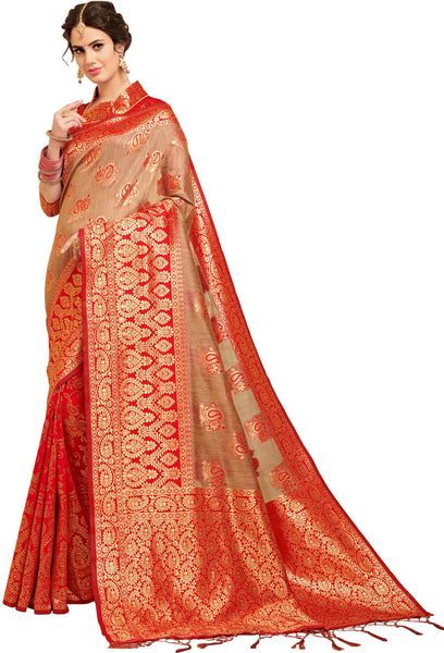 SMSAREE Red Designer Wedding Partywear Linen Art Silk Hand Embroidery Work Bridal Saree Sari With Blouse Piece YNF-29453
