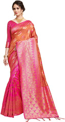SMSAREE Pink Designer Wedding Partywear Linen Art Silk Hand Embroidery Work Bridal Saree Sari With Blouse Piece YNF-29456