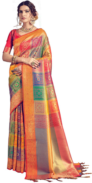 SMSAREE Multi Designer Wedding Partywear Banarasi Art Silk Hand Embroidery Work Bridal Saree Sari With Blouse Piece YNF-29457