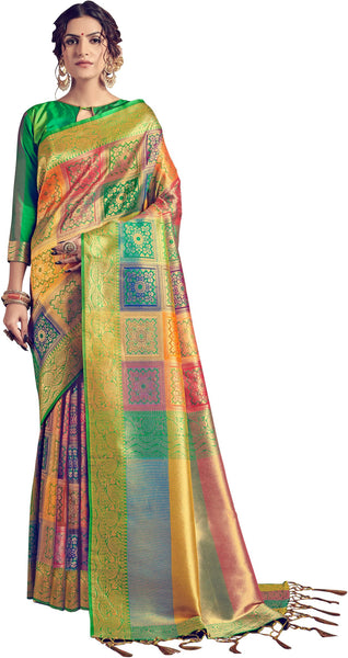 SMSAREE Multi Designer Wedding Partywear Banarasi Art Silk Hand Embroidery Work Bridal Saree Sari With Blouse Piece YNF-29460