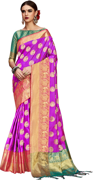 SMSAREE Purple Designer Wedding Partywear Kanjeevaram Art Silk Hand Embroidery Work Bridal Saree Sari With Blouse Piece YNF-29477
