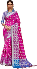 SMSAREE Pink Designer Wedding Partywear Kanjeevaram Art Silk Hand Embroidery Work Bridal Saree Sari With Blouse Piece YNF-29479