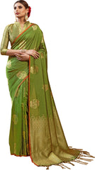SMSAREE Olive Green Designer Wedding Partywear Kanjeevaram Art Silk Hand Embroidery Work Bridal Saree Sari With Blouse Piece YNF-29522