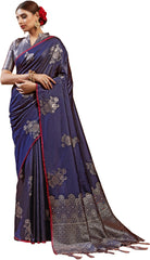 SMSAREE Navy Blue Designer Wedding Partywear Kanjeevaram Art Silk Hand Embroidery Work Bridal Saree Sari With Blouse Piece YNF-29526