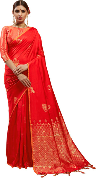SMSAREE Red Designer Wedding Partywear Kanjeevaram Art Silk Hand Embroidery Work Bridal Saree Sari With Blouse Piece YNF-29529